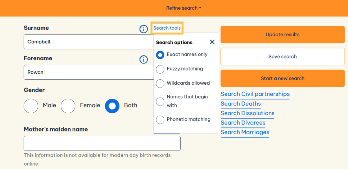 Screenshot of search fields with 