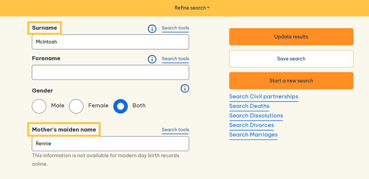 Screenshot of a search on Scotland's People with the surname field filled in as 'McIntosh' and the mother's maiden name filled in as 'Rennie'