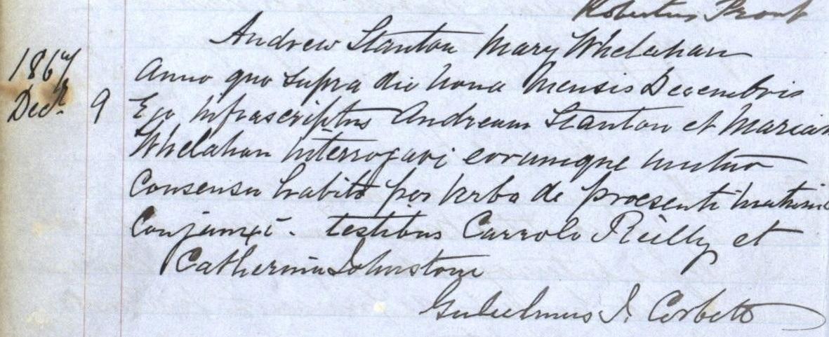 Stanton and Whelahan's marriage from the Catholic registers,1867