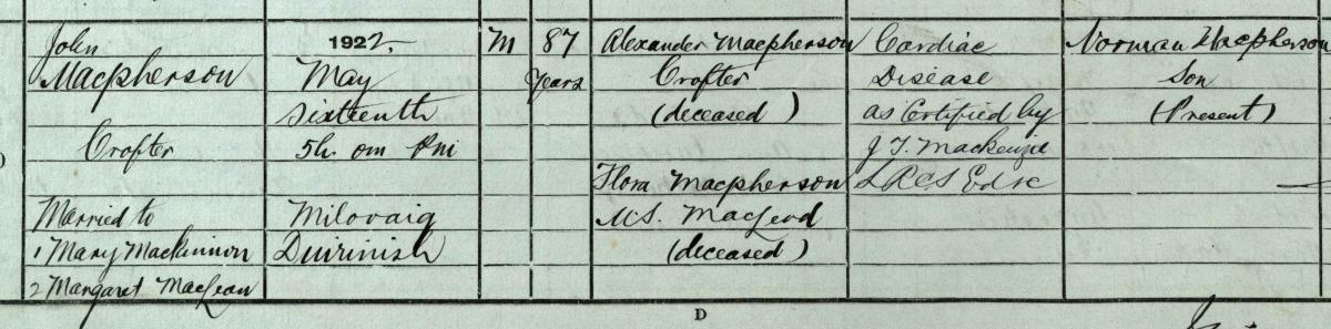The death entry of John MacPherson, 16th May 1922. Crown copyright, NRS, Statutory Register of Deaths, 1922, 110/1 30 page 10