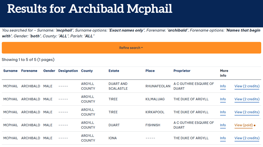 Screenshot of page of search results