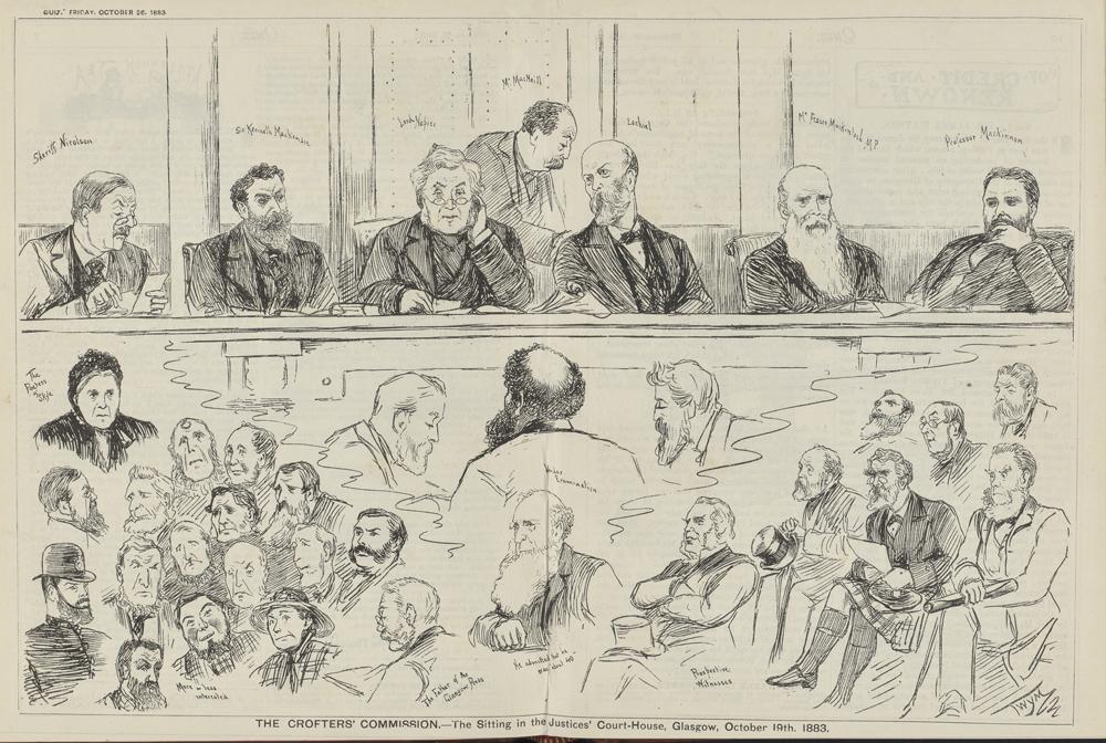 ‘The Crofters’ Commission – The Sitting in the Justices Court-House, Glasgow. ' Image from ‘Quiz’, 19th October 1883. Courtesy of National Library of Scotland.