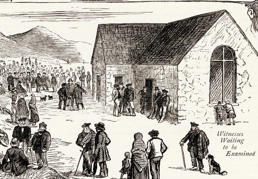 A black and white illustration from meeting at East Loch Tarbert of the Royal Commission on the Highlands and Islands from The Graphic June 1883