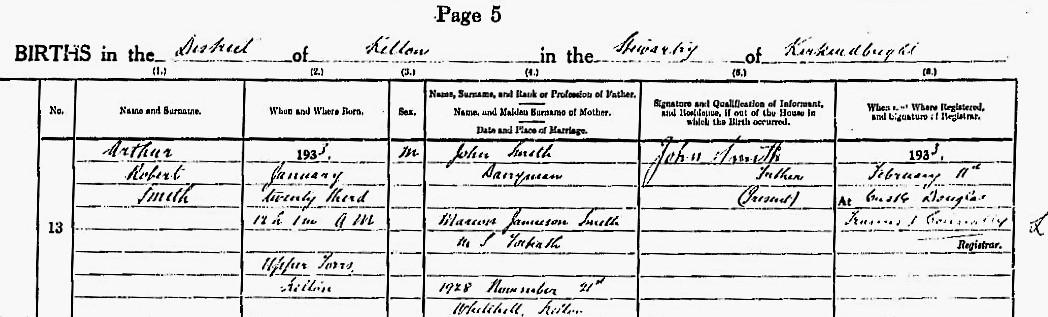 Arthur Smith birth detail, 1933, NRS 869/13 page 5