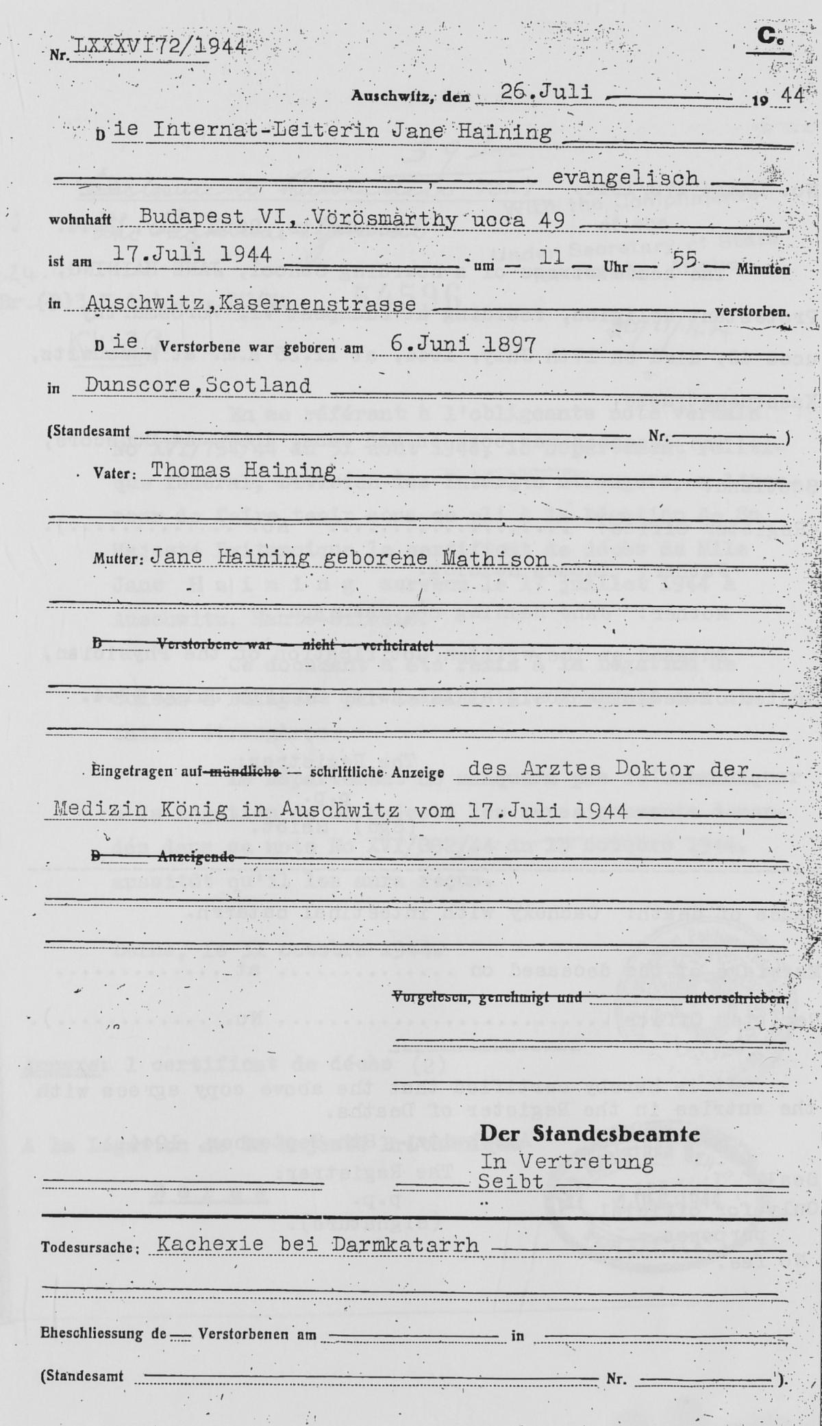 Jane Haining's German death register entry, 26 July 1944.