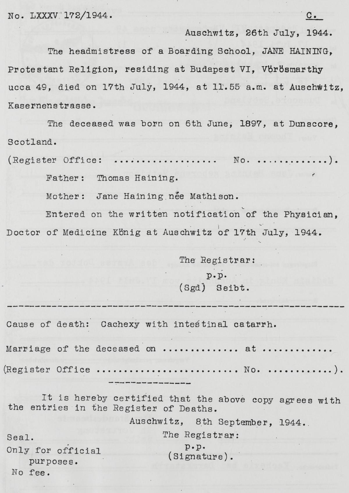 Jane Haining's official extract from German death register translated, 8 September 1944.