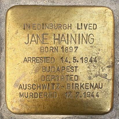 Photograph of Jane Haining’s (1897-1944) Stolperstein in Edinburgh, December 2025.