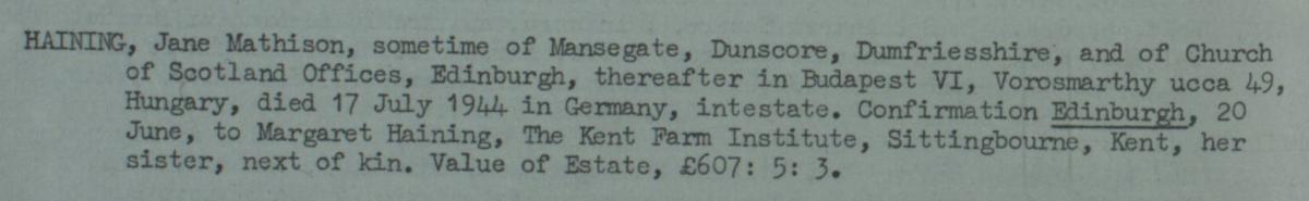 Entry for Jane Haining’s confirmation, 20th June 1945.
