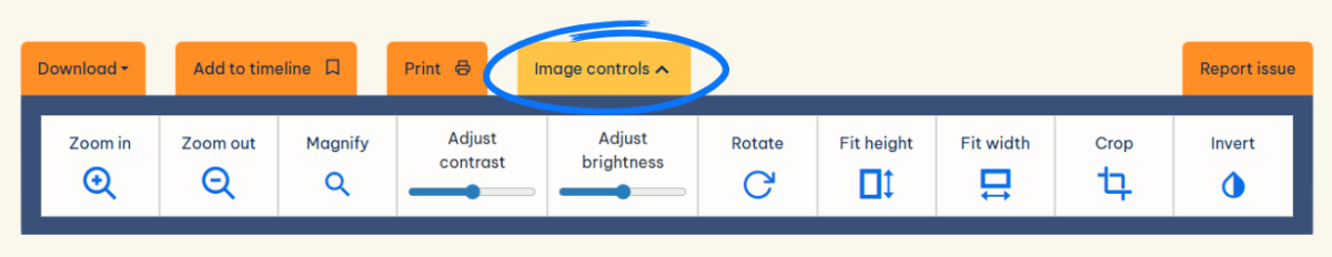 Image options bar on Scotland's People with the 'image controls' option highlighted
