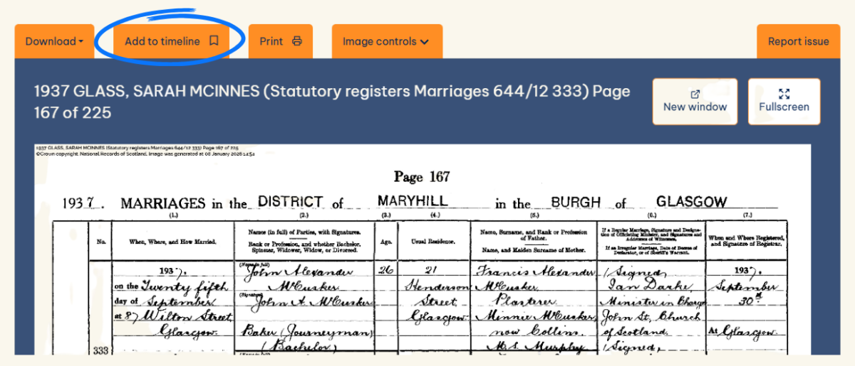 Screenshot of a marriage record on Scotland's People, with the 'add to timeline' option highlighted