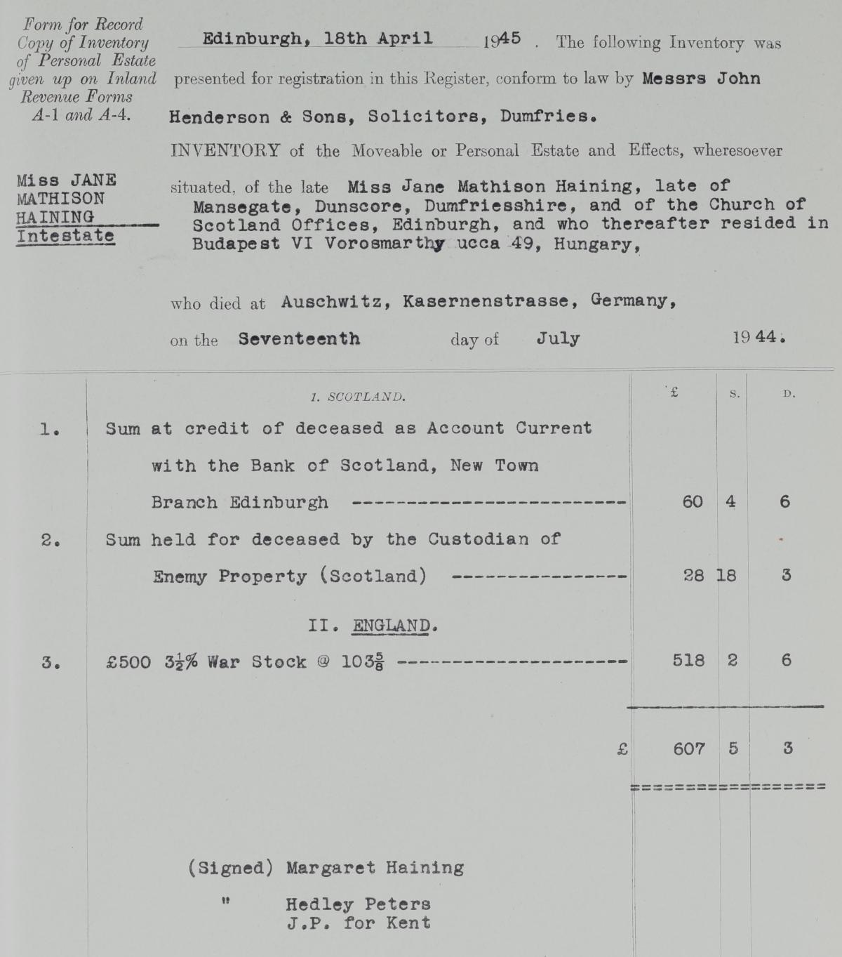 Extract from the inventory of Jane Haining’s estate, 18th April 1945.