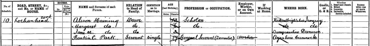 Detail of the census return for Jane Haining and her family at Lochenhead, Dunscore, Dumfriesshire, 1901. 