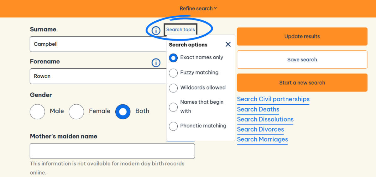 Screenshot of a search box on Scotland's People, with 'search tools' highlighted