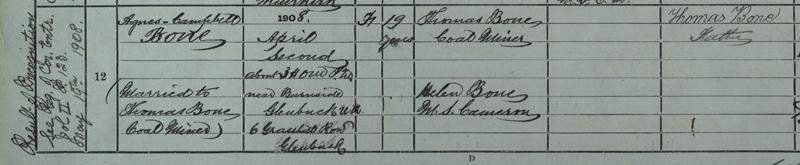 Agnes Campbell Bone’s death entry, 2nd April 1908.&nbsp; Crown copyright, NRS, Statutory Register of Deaths, 607/12 page 4