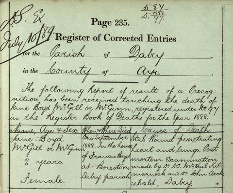 The RCE connected to Jane Boyd’s death&nbsp; Crown copyright, NRS, Register of Corrected Entries, 587/00 001 235