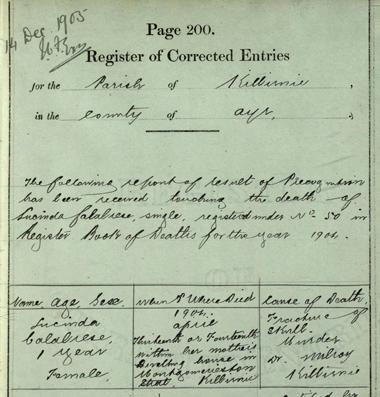 Detail from the Register of Corrected Entries relating to the death of Lucinda Calabrese. Crown copyright, NRS, Register of Corrected Entries, 596/00 001 200