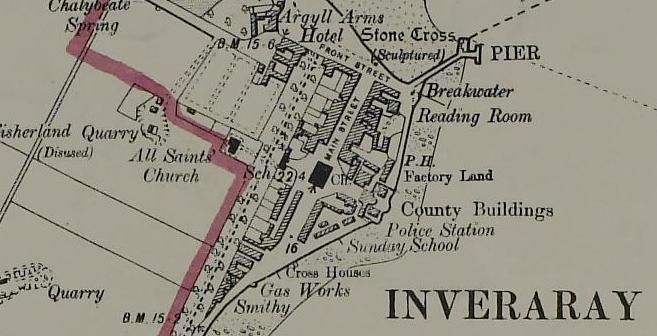 Detail from an Ordnance Survey 6 inch plan (Argyllshire, sheet CXXXIII.SW), 1944-1954. The County Buildings and Police Station can be seen above the name ‘Inveraray’. NRS, RHP76216