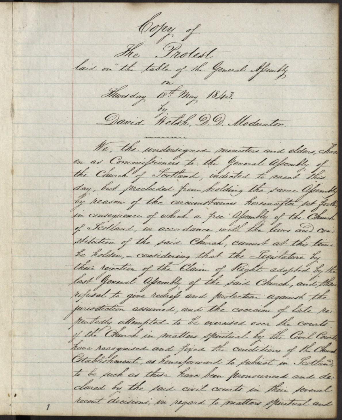 Page from the minutes of the St George’s Free Church, 1843. 