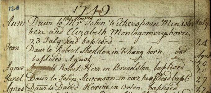Ann Witherspoon’s baptism which can be seen in the first entry on the page above.& Crown copyright, NRS, OPR of births in Beith parish, 581/241 page 591