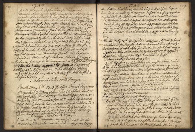 A page from the kirk session of Beith parish showing couples brought before the session to confess their irregular marriages, 1748.&nbsp; NRS, CH2/31/2 page 199