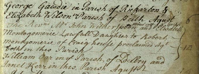 John Witherspoon and Elisabeth Montgomerie’s wedding entry.&nbsp; Crown copyright, NRS, OPR of marriages, Beith, 1748, 581/287 page 408.