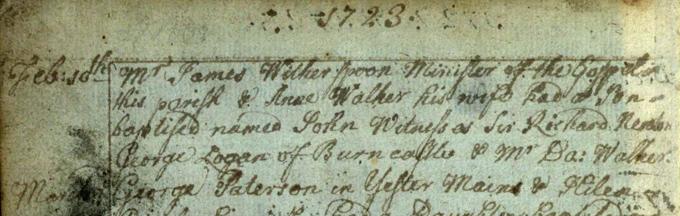 John Witherspoon’s baptismal entry.&nbsp; Crown Copyright, National Records of Scotland (NRS), OPR of births and baptisms for the parish of Yester, 725/10 page 308
