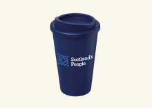 Travel cup in navy and branded with the Scotland's People logo