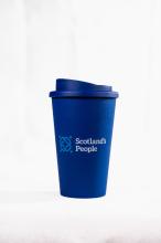 Travel cup in navy and branded with the Scotland's People logo