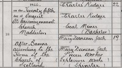 Detail from the marriage entry of Charles Rodger and Mary Duncan Jack at Cairneymount Church, 25th August 1944.