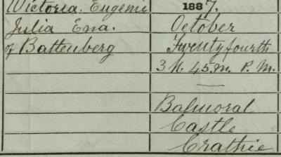 Detail from the birth entry of Princess Victoria of Battenberg