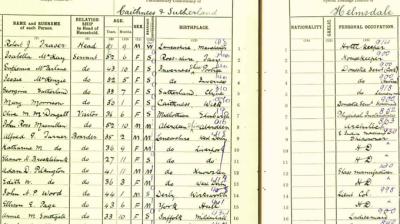 An example page from the 1921 census enumerating some of the inhabitants of the fishing village of Helmsdale in the parish of Kildonan Crown copyright, National Records of Scotland, 1921 census, 052/3 page 9