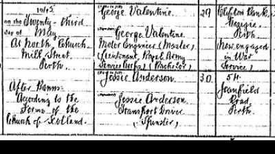 Detail of marriage entry for George Valentine and Jessie Anderson in the statutory register of marriages for Perth, 23rd May 1945.