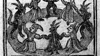 Detail of woodcut of witches flying on broomsticks. The History of Witches and Wizards, 1720.