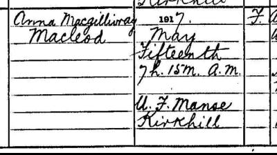 Detail from Anna MacGillivray Macleod's birth entry, 15 May 1917. National Records of Scotland, Statutory Register of Births, 1917, 103/9