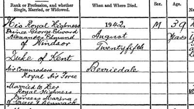 Detail from the death entry for His Royal Highness, The Duke of Kent, 25 August 1942. National Records of Scotland, Statutory Register of Deaths, Latheron, 038/58 page 20