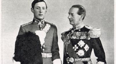 Admiral of the Fleet Sir Roger Keyes with his son Geoffrey in the full dress uniform of a subaltern in the Royal Scots Greys. Courtesy of the Mary Evans Picture Library.