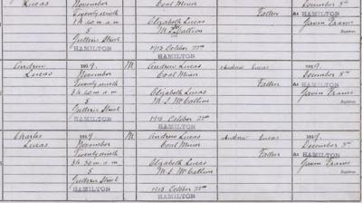 The birth entries of James, Andrew and Charles Lucas, 29th November 1919. National Records of Scotland, Statutory Register of Births, 1919, 647/1322 page 441.