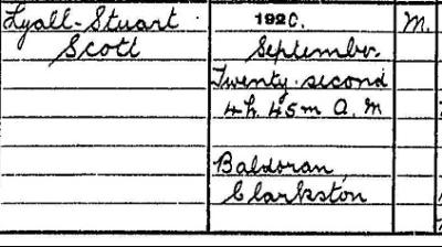 Detail from the birth entry of Lyall Stuart Scott, 22nd September 1920 Crown copyright, National Records of Scotland, Statutory Register of Births, 1920, 633/B 759 page 253