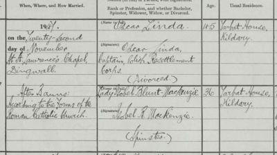 Detail from the marriage entry of Captain Oscar Linda and Lady Isobel Blunt-Mackenzie. Crown copyright, National Records of Scotland, Statutory Register of Marriages, 1947, 062/47 page 24 