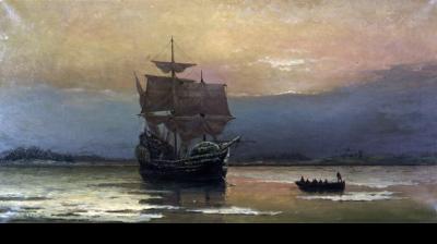 A painting titled Mayflower in Plymouth Harbour, by William Halsall. Credit: Public domain image