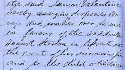 Detail from James Valentine Hagart's will granting Amelia liferent should she survive him Crown copyright, National Records of Scotland, Wills and Testaments, SC70/4/125 page 760