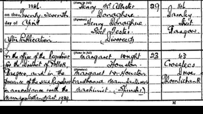 The wedding entry of Henry McAllister Donoghue and Margaret Wright Houston. Crown copyright, National Records of Scotland, Statutory Register of Marriages, 1946, 644/18 340 page 170