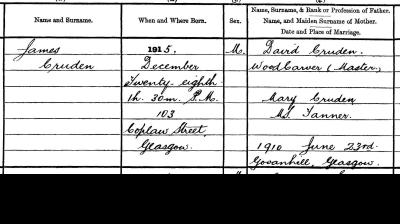 Detail from the birth entry for James Cruden, 28 December 1915 National Records of Scotland, Statutory Register of Births, 1916, 644/16/49