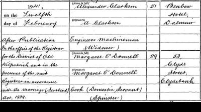 Marriage entry of Alexander Clarkson and Margaret O’Donnell, 12 February 1941. National Records of Scotland, Statutory Register of Marriages, 1941, 501/82