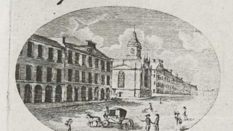 An engraving at the head of a receipt by John Beugo showing the South Bridge and Tron Kirk. NRS, GD113/5/340/87