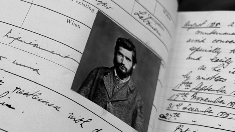 Photograph of Perth prison register showing image of patient and handwritten notes.
