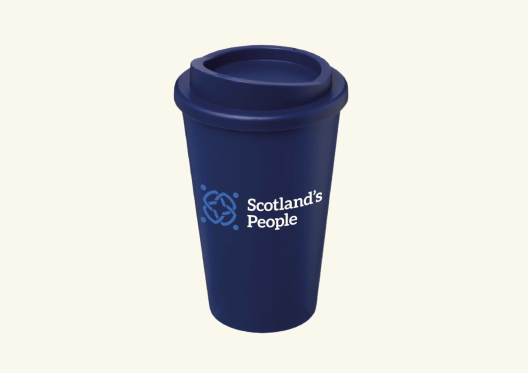 Travel cup in navy and branded with the Scotland's People logo